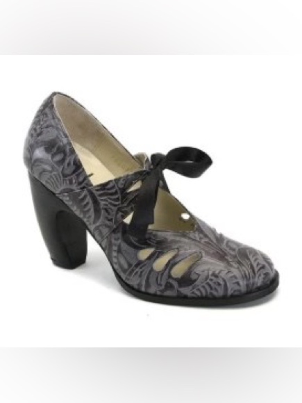 Fluevog VINTAGE NEARLY NEW Romance Scarlet gray embossed ribbon heel-6 (fit 5.5)